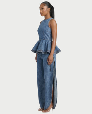 NALANI Peplum Denim Top & Wide-Leg Slit Pants Set