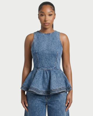 NALANI Peplum Denim Top & Wide-Leg Slit Pants Set