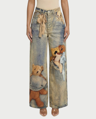 VASHA Teddy Bear Print Wide-Leg Denim Pants