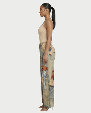 VASHA Teddy Bear Print Wide-Leg Denim Pants