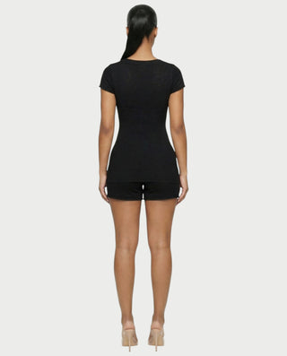 VIYERA Ribbed Button-Front Fitted Top & Shorts Set
