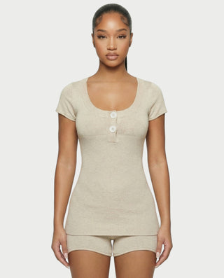 VIYERA Ribbed Button-Front Fitted Top & Shorts Set