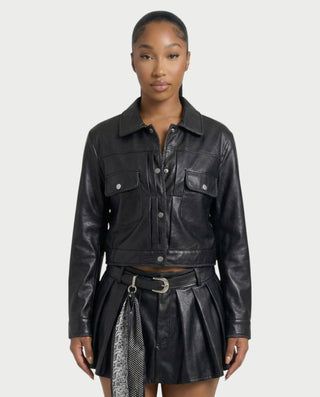 REVIA Faux Leather Jacket & Pleated Mini Skirt Set