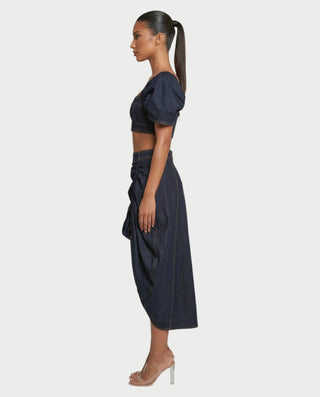 SOWIE Denim Puff Sleeve Top & Ruched Skirt Set
