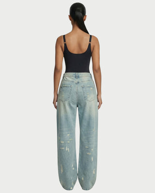 RONEYA Money Print Washed Denim Wide-Leg Pants