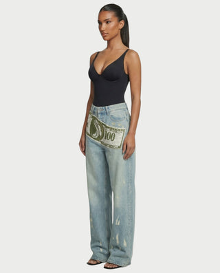 RONEYA Money Print Washed Denim Wide-Leg Pants