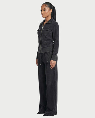 ASHINA Washed Zip-Up Jacket & Wide-Leg Drawstring Pants Set