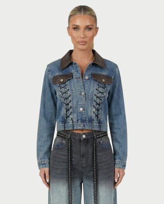 RANIA Lace-Up Denim Jacket & Wide-Leg Pants Set