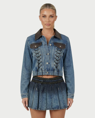 VERYL Lace-Up Denim Jacket & Pleated Mini Skort Set