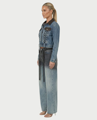 RANIA Lace-Up Denim Jacket & Wide-Leg Pants Set