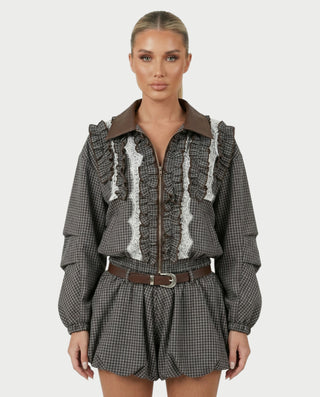VENNY Plaid Lace Jacket & Bubble Skort Set