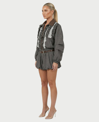 VENNY Plaid Lace Jacket & Bubble Skort Set