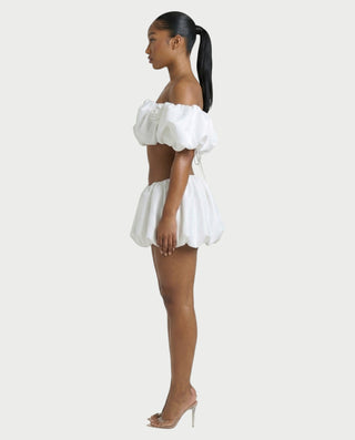 POMILE Rosette Off-Shoulder Top & Bubble Mini Skort Set