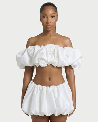 POMILE Rosette Off-Shoulder Top & Bubble Mini Skort Set