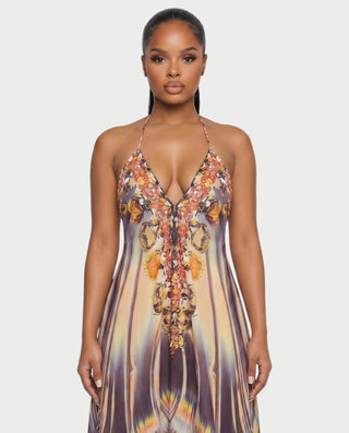 GENDA Feather Ombre Flowing Halter Maxi Dress