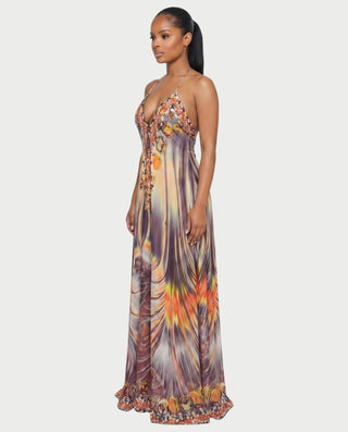 GENDA Feather Ombre Flowing Halter Maxi Dress