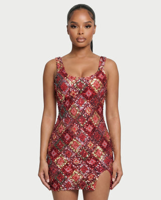 ALFIRA Red Sequin Diamond Bodycon Mini Dress