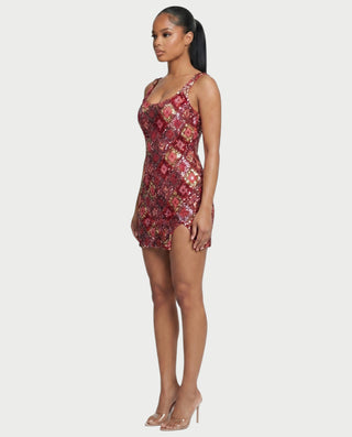 ALFIRA Red Sequin Diamond Bodycon Mini Dress