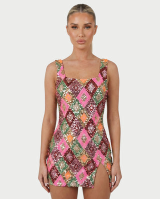 SAKIRA Pink Green Sequin Diamond Bodycon Mini Dress