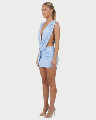 LAZEL Twist-Drape Backless Bodycon Mini Dress