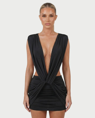 LAZEL Twist-Drape Backless Bodycon Mini Dress