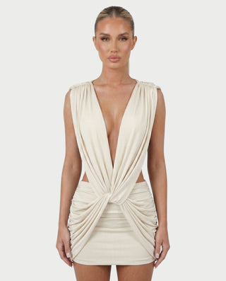 LAZEL Twist-Drape Backless Bodycon Mini Dress