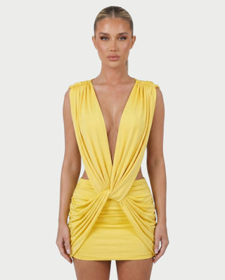 LAZEL Twist-Drape Backless Bodycon Mini Dress