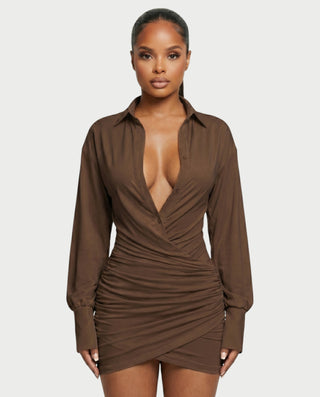 ALMINA Ruched Wrap Shirt Bodycon Mini Dress