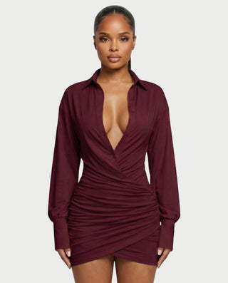 ALMINA Ruched Wrap Shirt Bodycon Mini Dress