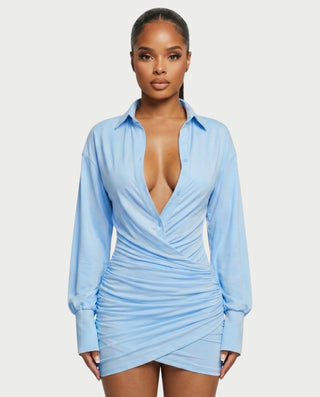 ALMINA Ruched Wrap Shirt Bodycon Mini Dress