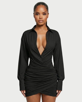 ALMINA Ruched Wrap Shirt Bodycon Mini Dress