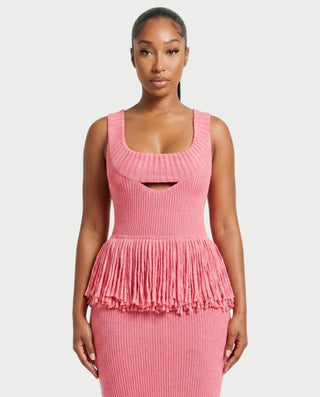 LENYA Ribbed Knit Peplum Fringe Maxi Dress