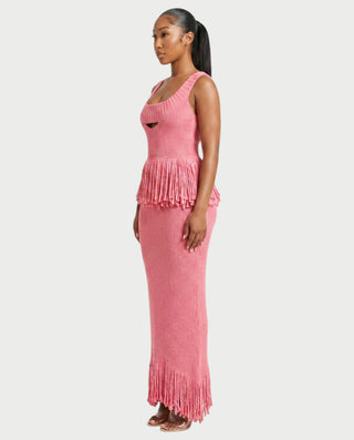 LENYA Ribbed Knit Peplum Fringe Maxi Dress
