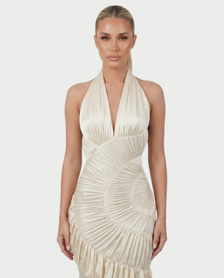 DALEYA Champagne Draped Pleated Ruffle Maxi Dress