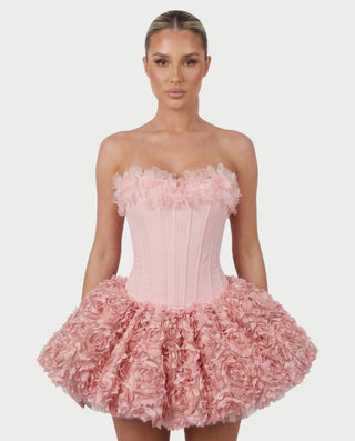 LONEYA Floral Strapless Ruffle Mini Dress