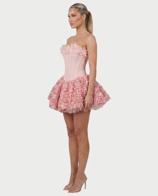 LONEYA Floral Strapless Ruffle Mini Dress