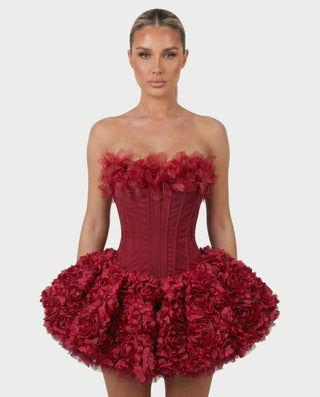 LONEYA Floral Strapless Ruffle Mini Dress