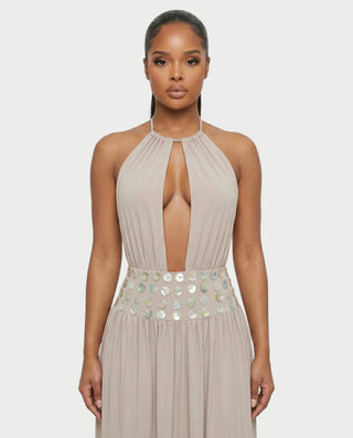 HINAYA Backless Halter High Slit Maxi Dress