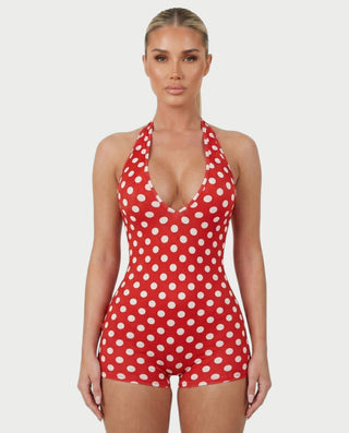 AMESA Retro Polka Dot Halter Tie Romper