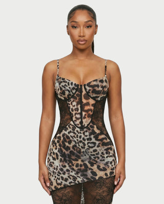 JOLINA Leopard Lace Panel Bodycon Maxi Dress