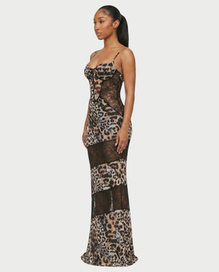 JOLINA Leopard Lace Panel Bodycon Maxi Dress