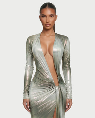 SAMINA Metallic Deep Plunge High Slit Maxi Dress