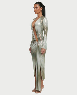 SAMINA Metallic Deep Plunge High Slit Maxi Dress