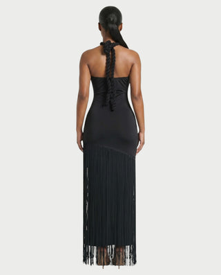 ORELA Braided Halter Fringe Maxi Dress