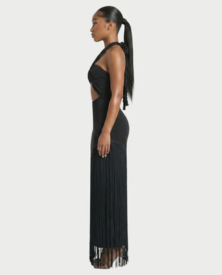 ORELA Braided Halter Fringe Maxi Dress