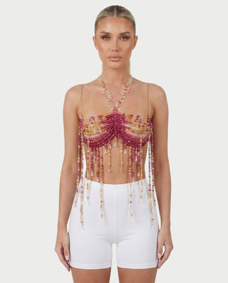LUYANA Crystal Bead Tassel Chain Bralette Top