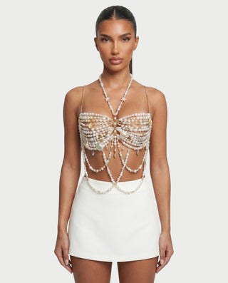 ORENA Pearl Beaded Tassel Chain Bralette Top