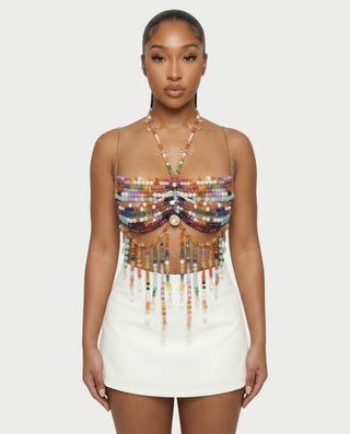 FAVINA Beaded Fringe Chain Strap Bralette Top