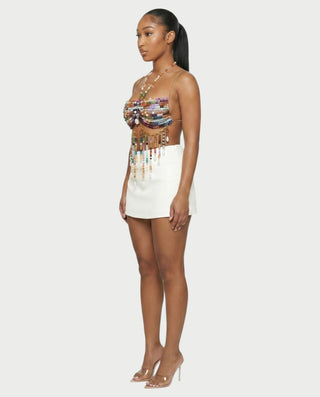FAVINA Beaded Fringe Chain Strap Bralette Top