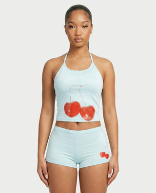 Sazha Cherry Halter Crop Top & Low-Rise Shorts Set